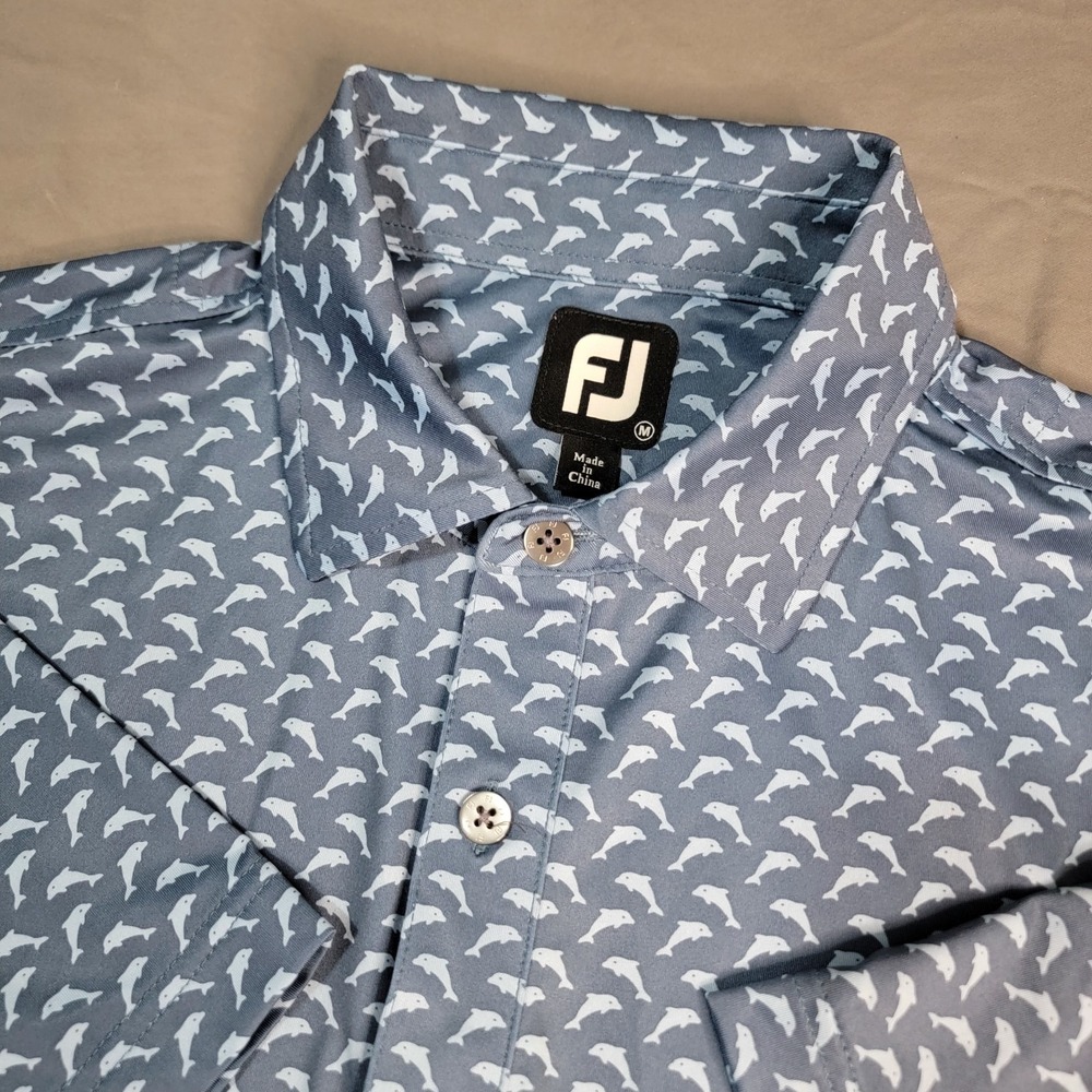 FootJoy Polo Shirt Men's Medium Blue Dolphin All Over Print Golf Performance FJ